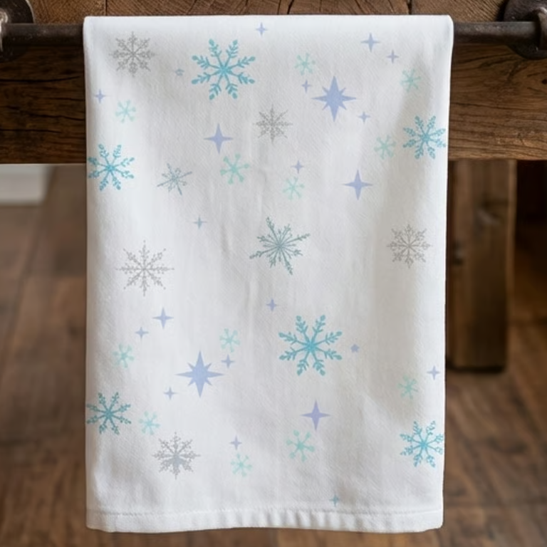 Snowflake Tea Towel — Subtle snowflake Winter Kitchen Towel. Blue, lavender and silver shades.  Christmas gift, decor