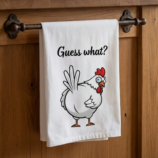 Chicken 'Guess What?' Cotton Tea Towel — Funny Farmhouse Kitchen Dish Towel