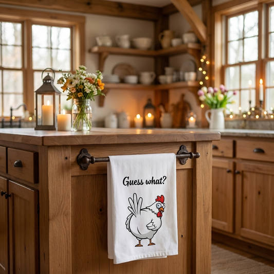 Chicken 'Guess What?' Cotton Tea Towel — Funny Farmhouse Kitchen Dish Towel