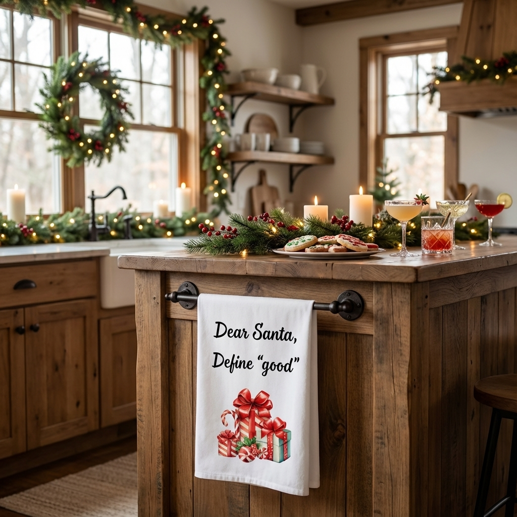 Tea Towel - "Dear Santa, Define 'good'" Christmas Cotton Kitchen Towel, Funny holiday towel, white elephant gift, hostess gift