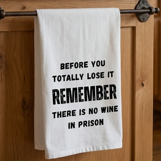 Humorous Kitchen Tea Towel – "BEFORE YOU TOTALLY LOSE IT - REMEMBER - THERE IS NO WINE IN PRISON"