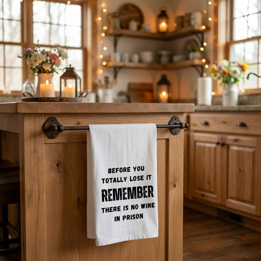 Humorous Kitchen Tea Towel – "BEFORE YOU TOTALLY LOSE IT - REMEMBER - THERE IS NO WINE IN PRISON"