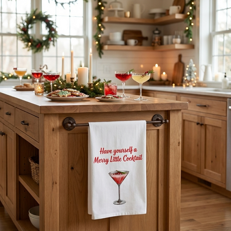 Christmas Cocktail Tea Towel — “Have Yourself a Merry Little Cocktail”  Kitchen Towel, white elephant gift, Holiday decor