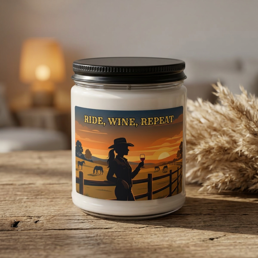 'Ride, Wine, Repeat' Sunset Cowboy Wine Glass Scented Soy Candle (9oz)