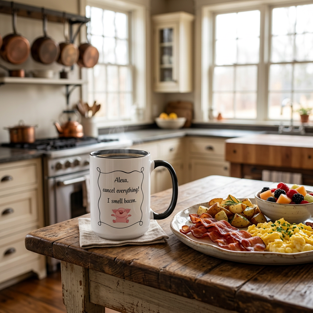 Alexa, Cancel Everything! I Smell Bacon Mug — Funny Pig Coffee Cup (15oz)