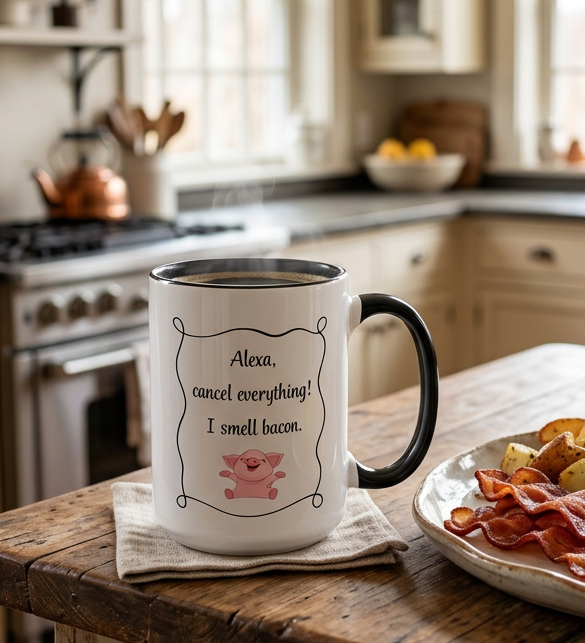 Alexa, Cancel Everything! I Smell Bacon Mug — Funny Pig Coffee Cup (15oz)