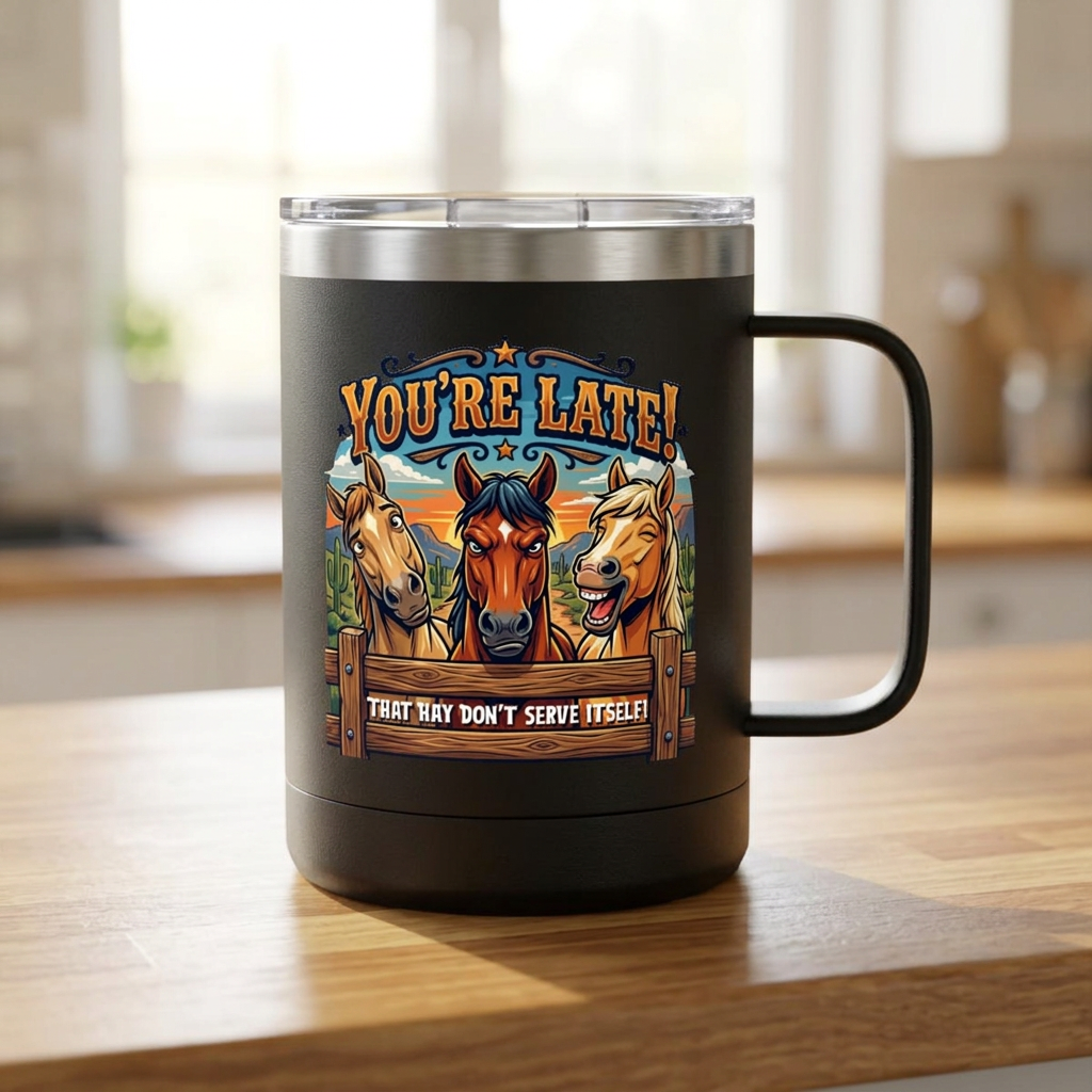 Horse-Theme 15oz Travel Mug — “You’re Late! That Hay Don’t Serve Itself” Coffee Tumbler