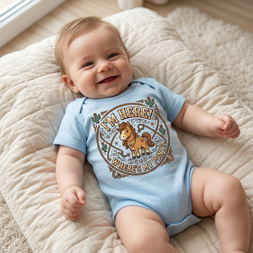 Cowboy Nursery Baby Bodysuit – "I'm Here! Where's my Pony?" Western Infant Onesie