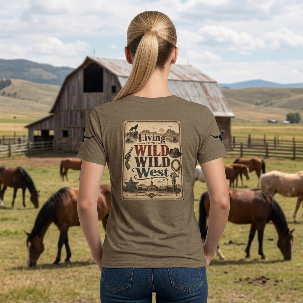 Living in the WILD WILD WEST vintage style cowgirl t-shirt