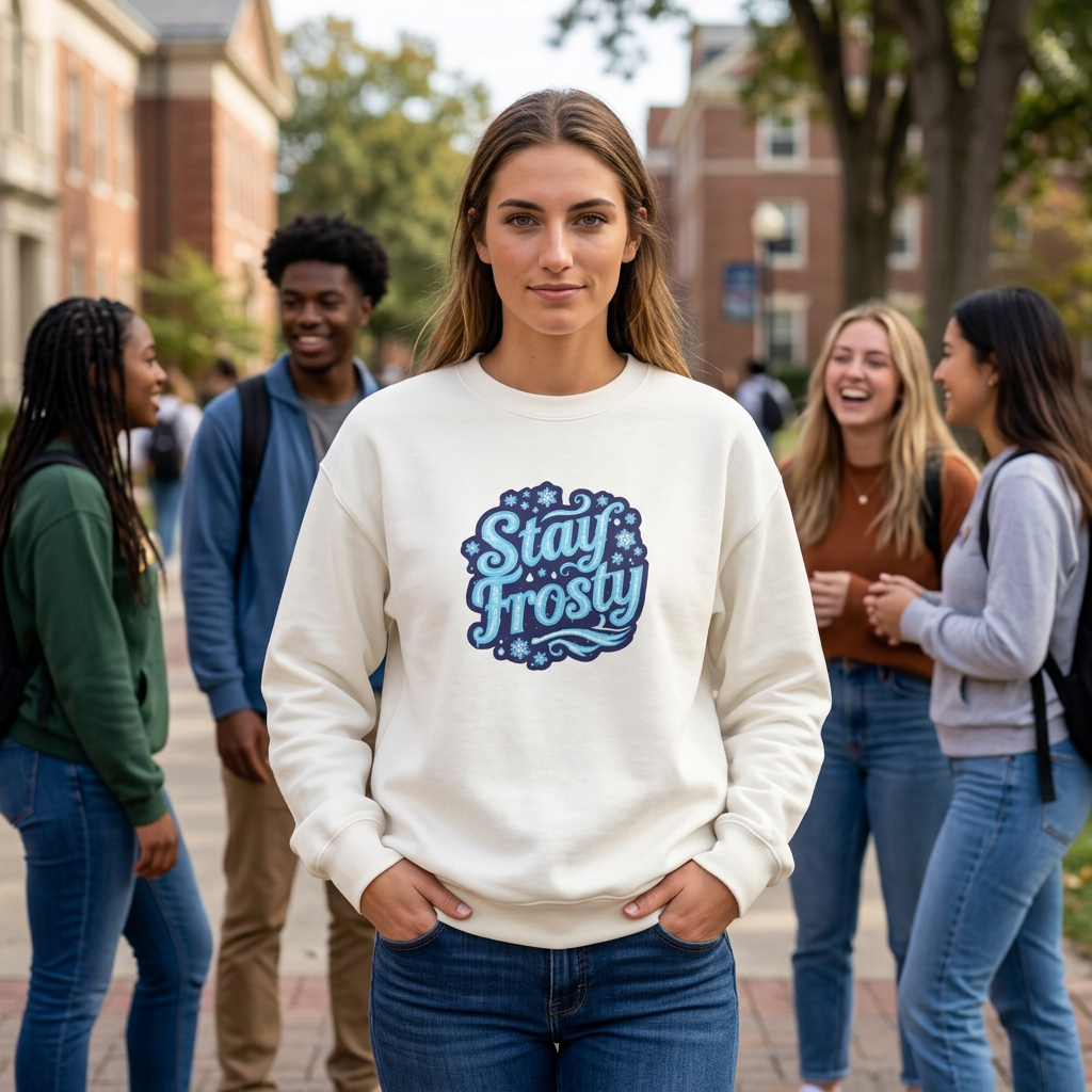Stay Frosty Crewneck Sweatshirt — Retro Snowflake Graphic