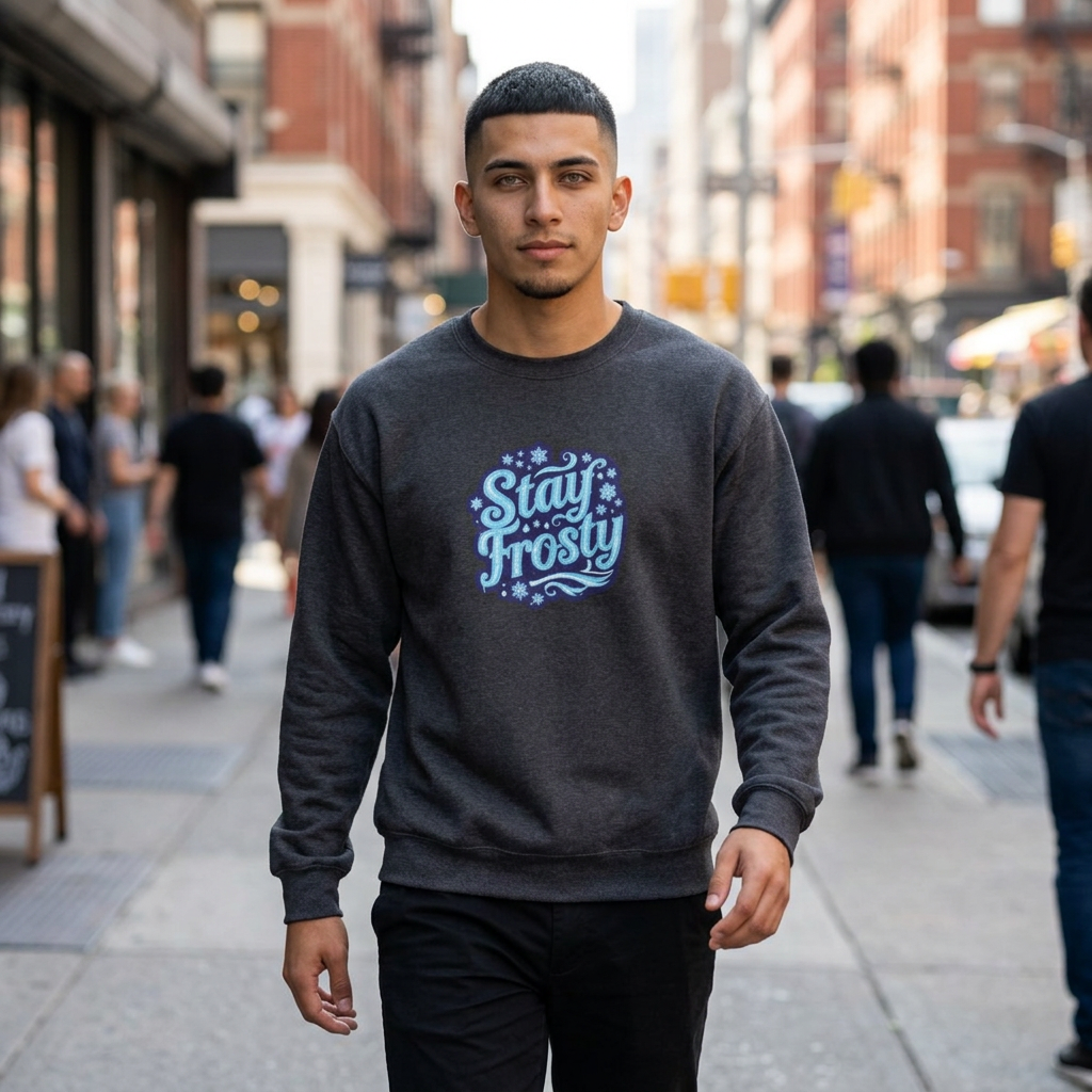 Stay Frosty Crewneck Sweatshirt — Retro Snowflake Graphic