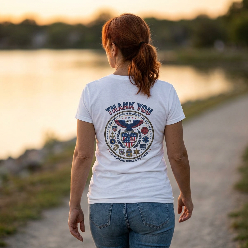 Women's T-Shirt - Classic White Softstyle Tee with small American Flag on front and Thank You badge on back