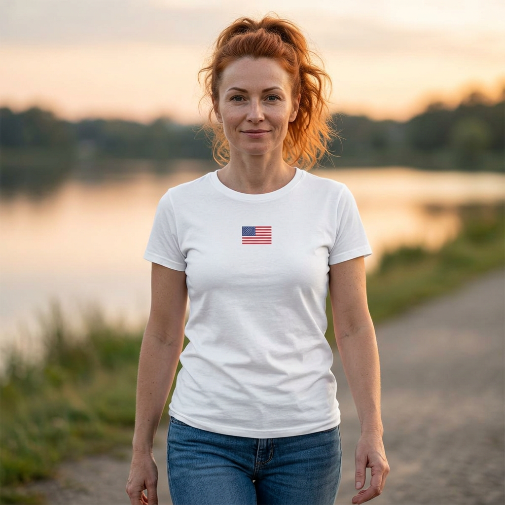 Women's T-Shirt - Classic White Softstyle Tee with small American Flag on front and Thank You badge on back