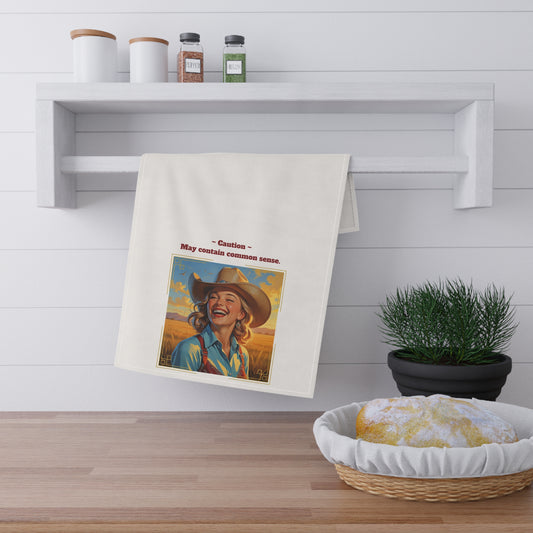 Funny Vintage-Inspired Cowgirl Tea Towel, "Caution: May Contain Common Sense" Rustic Kitchen and Bar Decor, Farmhouse Kitchen Accessories, Fun Gift for Home Cooks