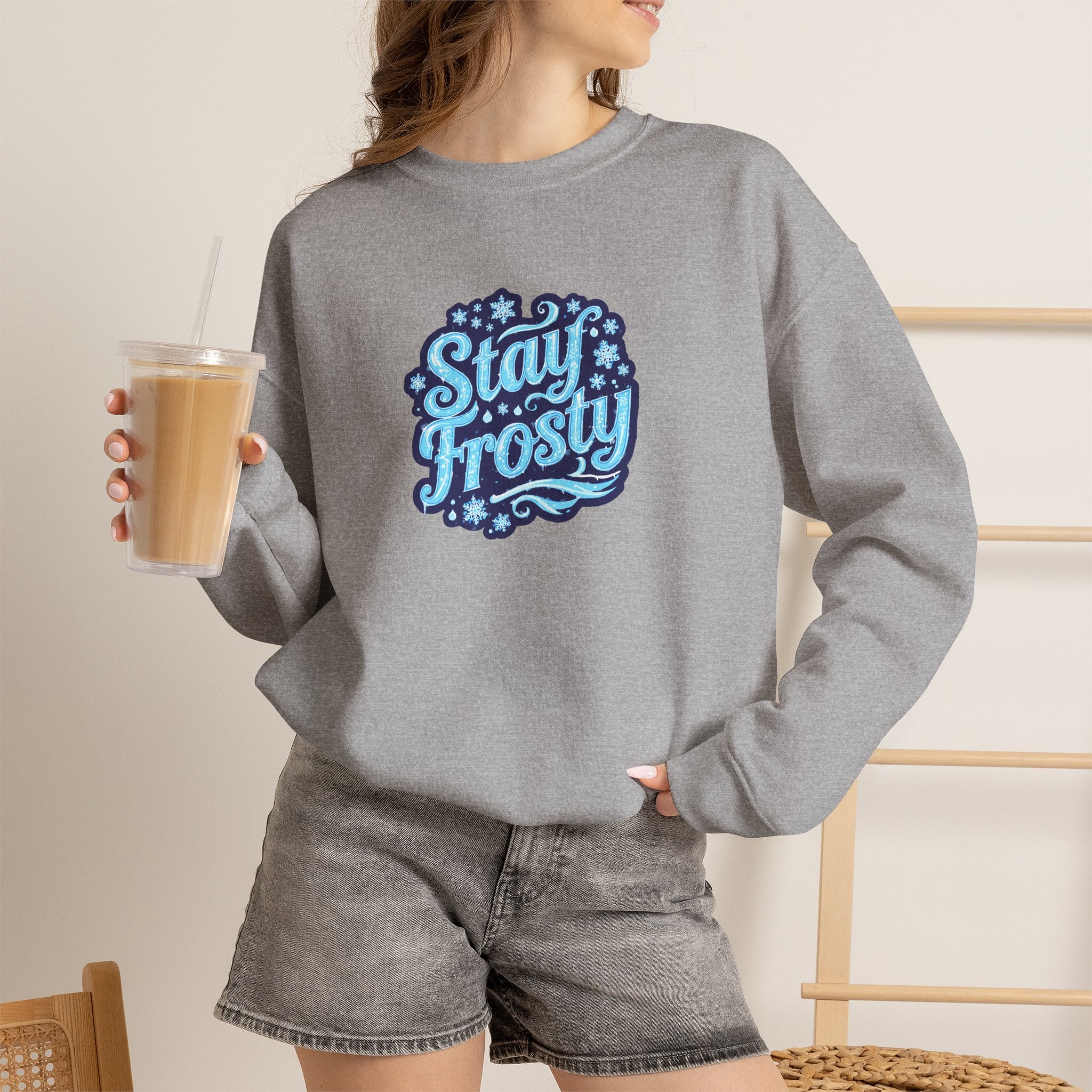 Stay Frosty Crewneck Sweatshirt — Retro Snowflake Graphic
