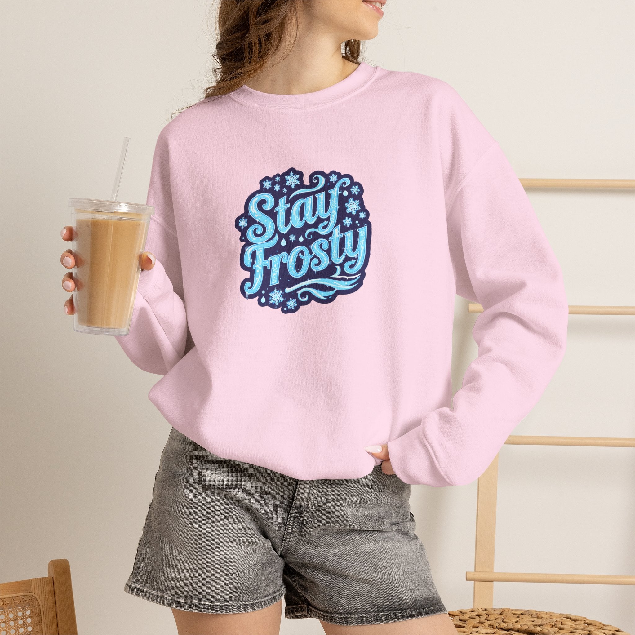 Stay Frosty Crewneck Sweatshirt — Retro Snowflake Graphic
