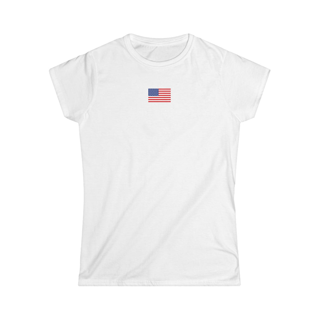 Women's T-Shirt - Classic White Softstyle Tee with small American Flag on front and Thank You badge on back