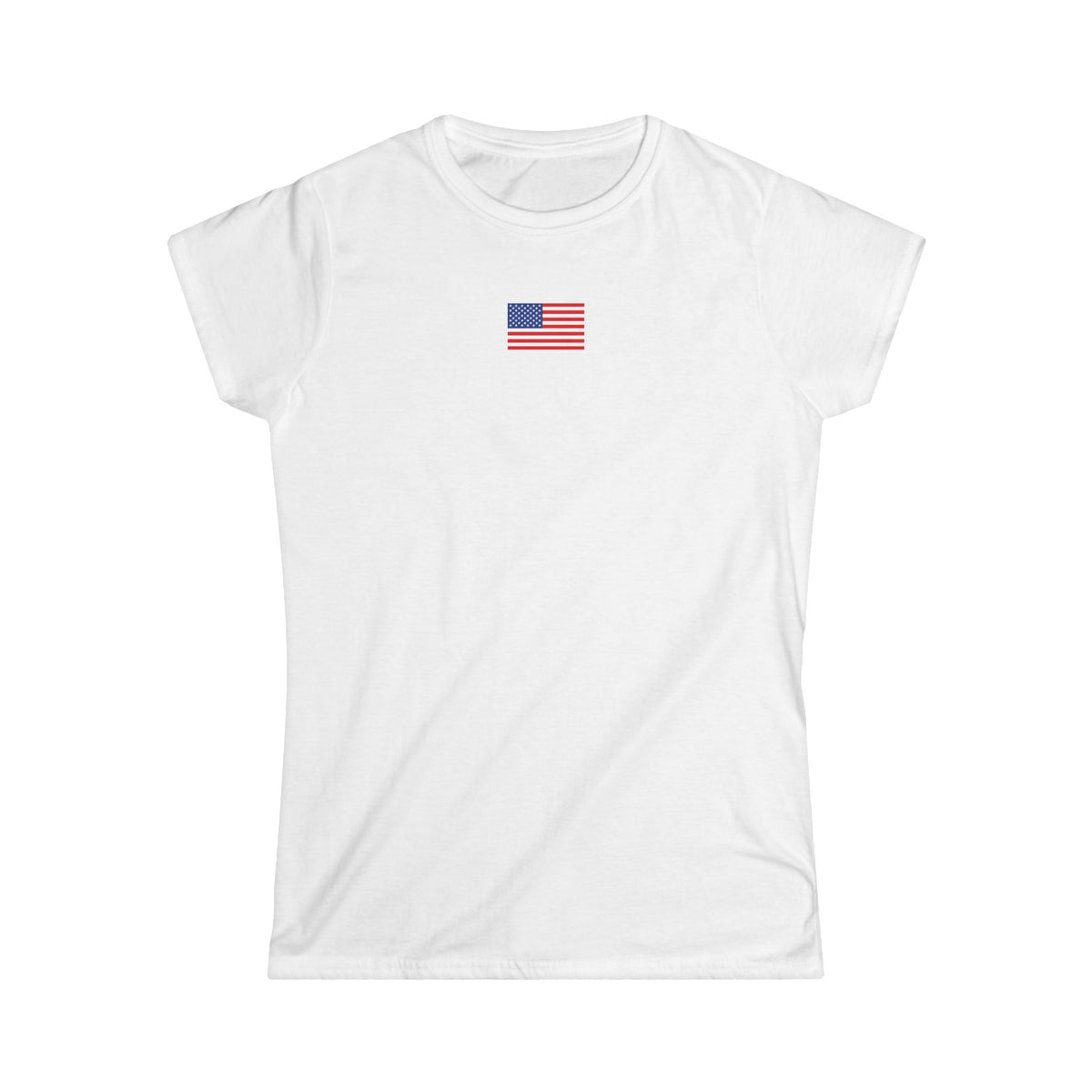 Women's T-Shirt - Classic White Softstyle Tee with small American Flag on front and Thank You badge on back