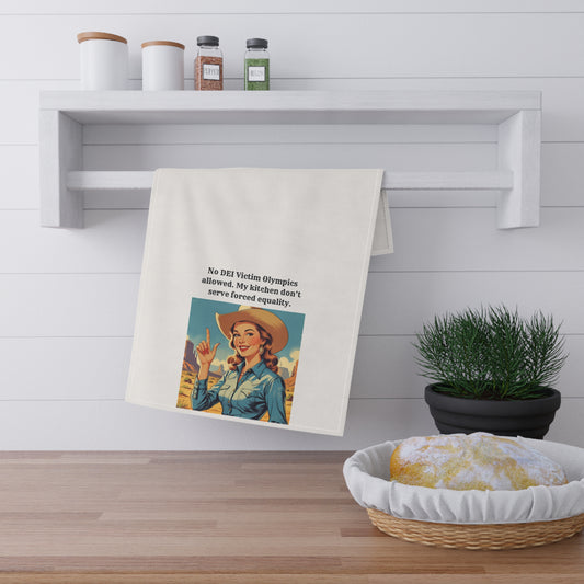 Rebel Heart Tea/Bar Towel | Sarcastic Cowgirl Saying "No DEI Victim Olympics allowed. My kitchen don’t serve forced equality."