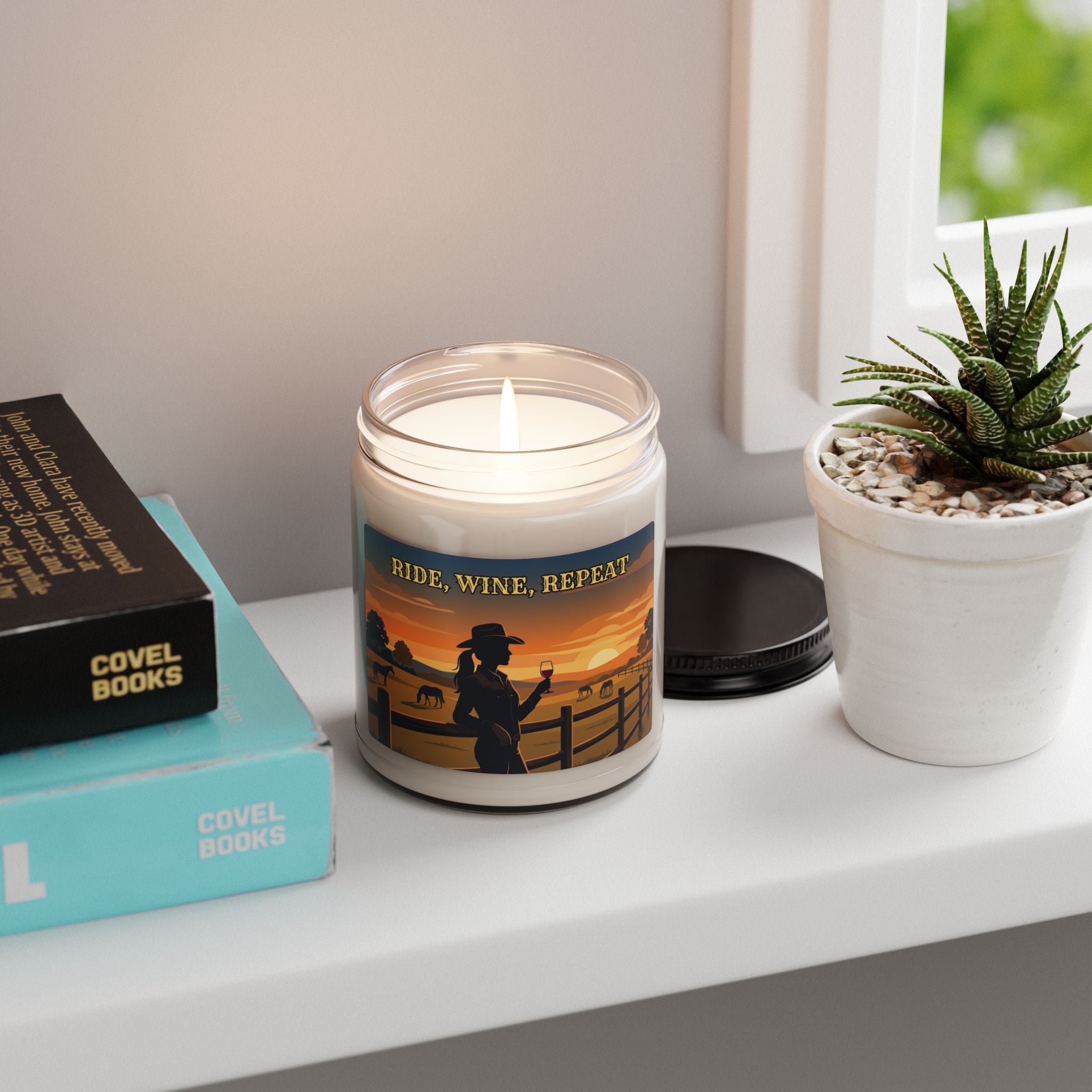 'Ride, Wine, Repeat' Sunset Cowboy Wine Glass Scented Soy Candle (9oz)