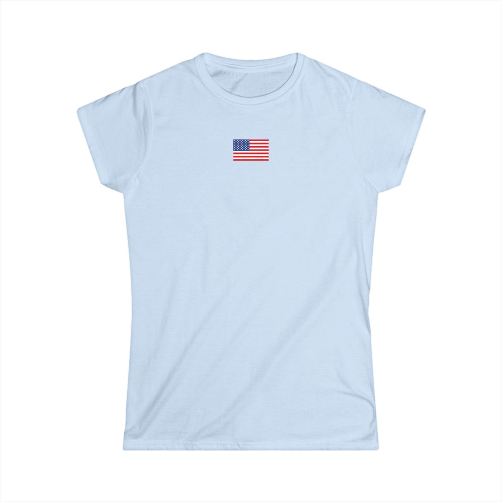Women's T-Shirt - Classic White Softstyle Tee with small American Flag on front and Thank You badge on back