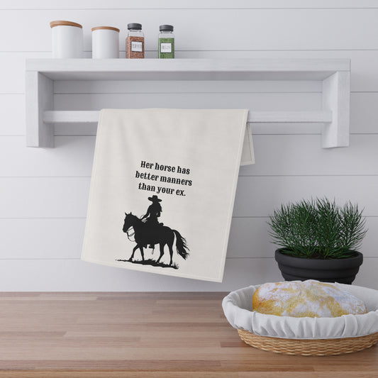 Funny Horse Tea Towel, "Her Horse has better manners than your ex" Sassy tea towel to spice up your Kitchen or Bar Decor, Horse Lover Gift, Housewarming Gift