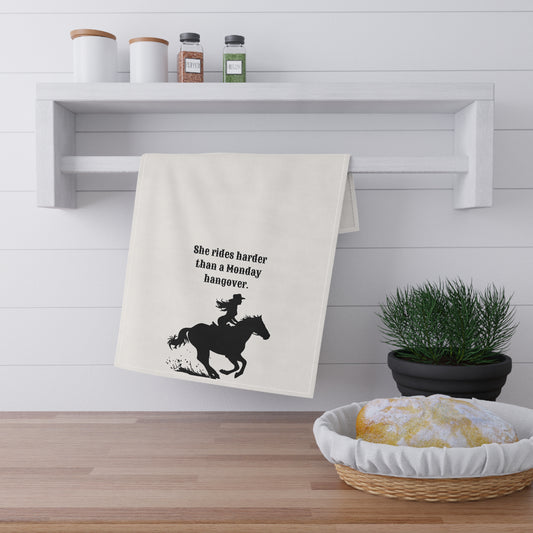 Cowgirl Kitchen Tea/Bar Towels, "She rides harder than a Monday hangover," Western Decor, Horse Lover Gift, Unique Cotton Towels