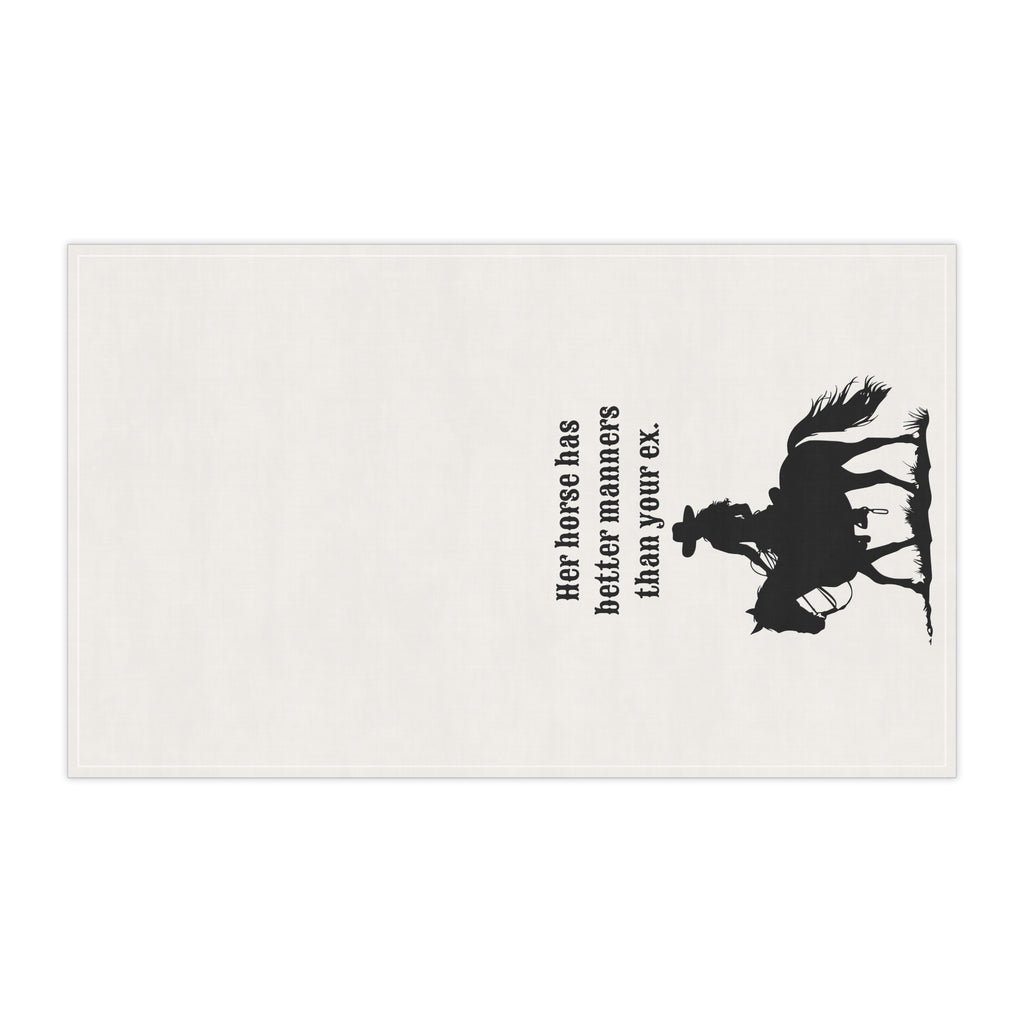 Funny Horse Tea Towel, "Her Horse has better manners than your ex" Sassy tea towel to spice up your Kitchen or Bar Decor, Horse Lover Gift, Housewarming Gift
