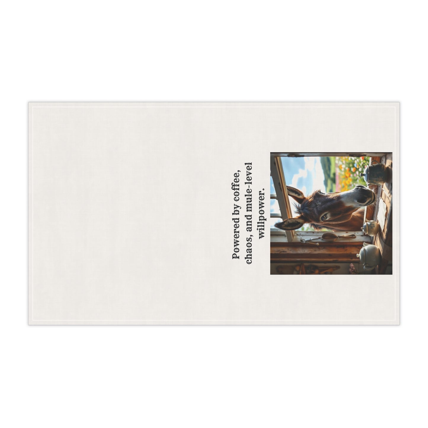 "Powered by coffee, caos and mule-level willpower" Show off your sass in style with this humorous Mule and Coffee loving towel. Gift for Home Chefs, Fun Mule Decor, Farmhouse Style, Kitchen Accessories