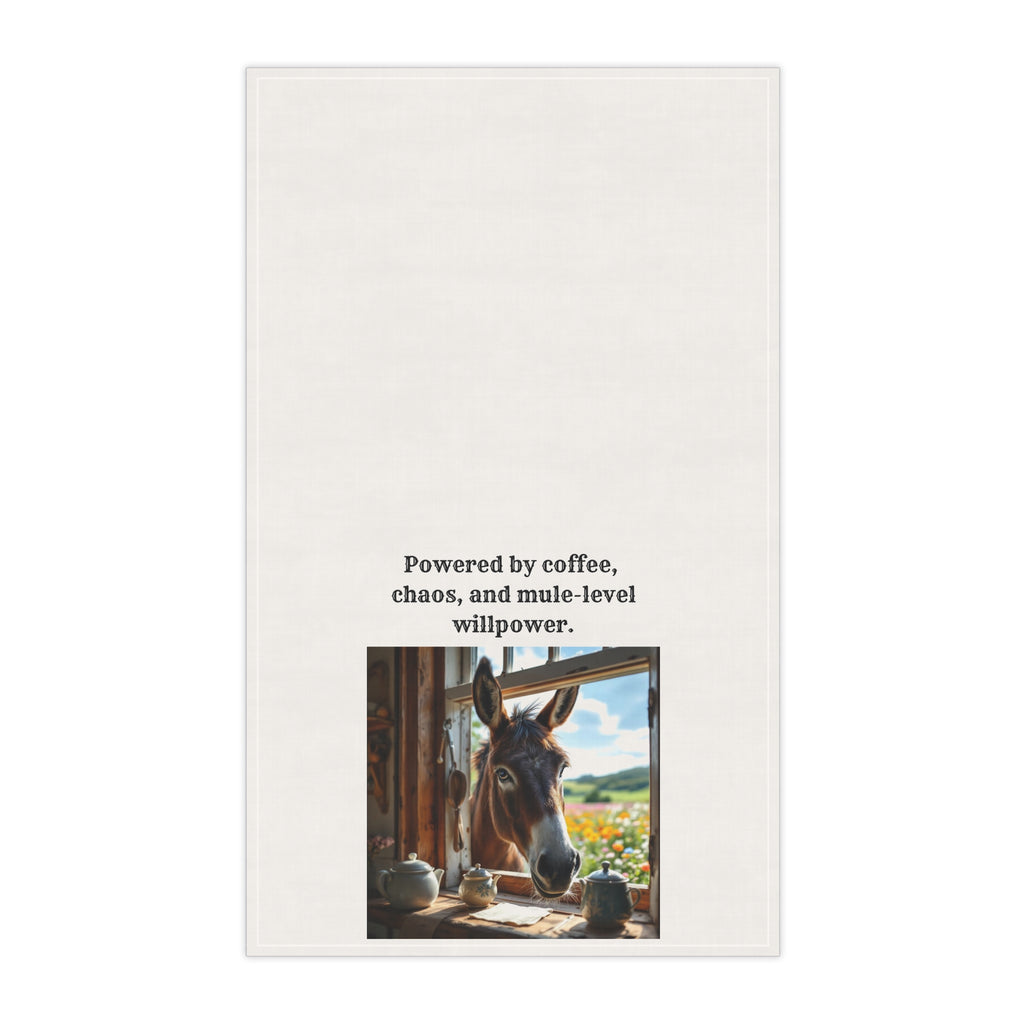 "Powered by coffee, caos and mule-level willpower" Show off your sass in style with this humorous Mule and Coffee loving towel. Gift for Home Chefs, Fun Mule Decor, Farmhouse Style, Kitchen Accessories