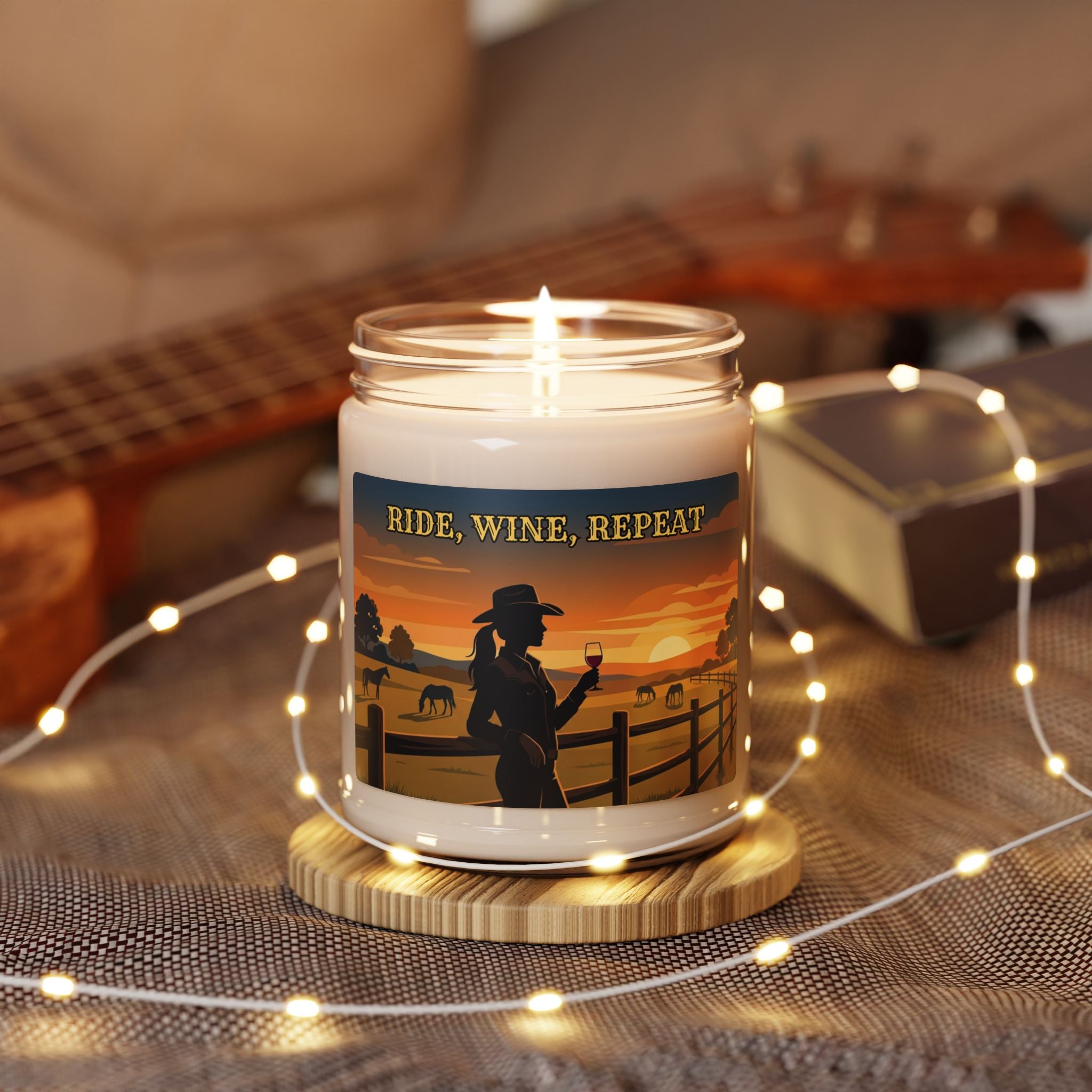 'Ride, Wine, Repeat' Sunset Cowboy Wine Glass Scented Soy Candle (9oz)