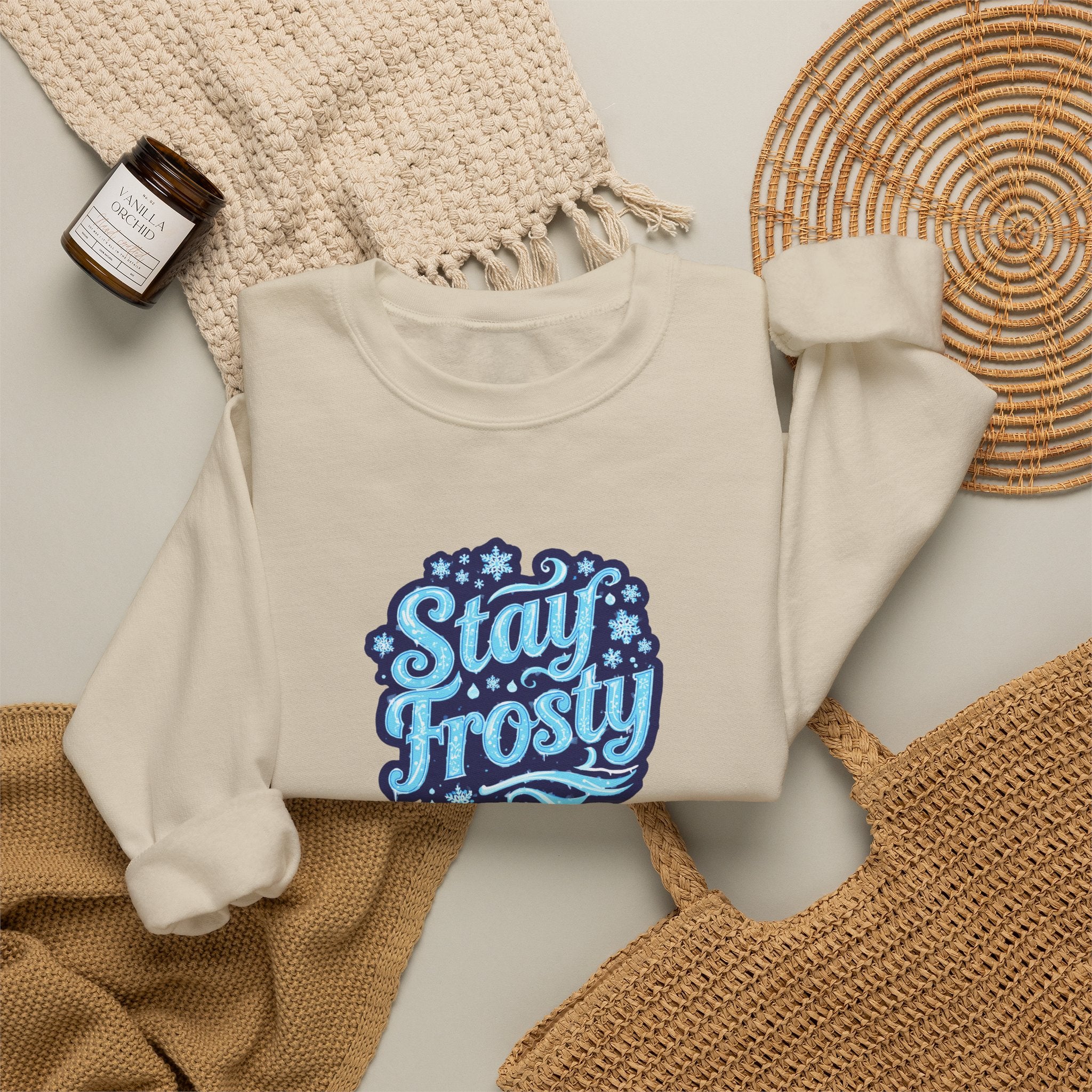 Stay Frosty Crewneck Sweatshirt — Retro Snowflake Graphic