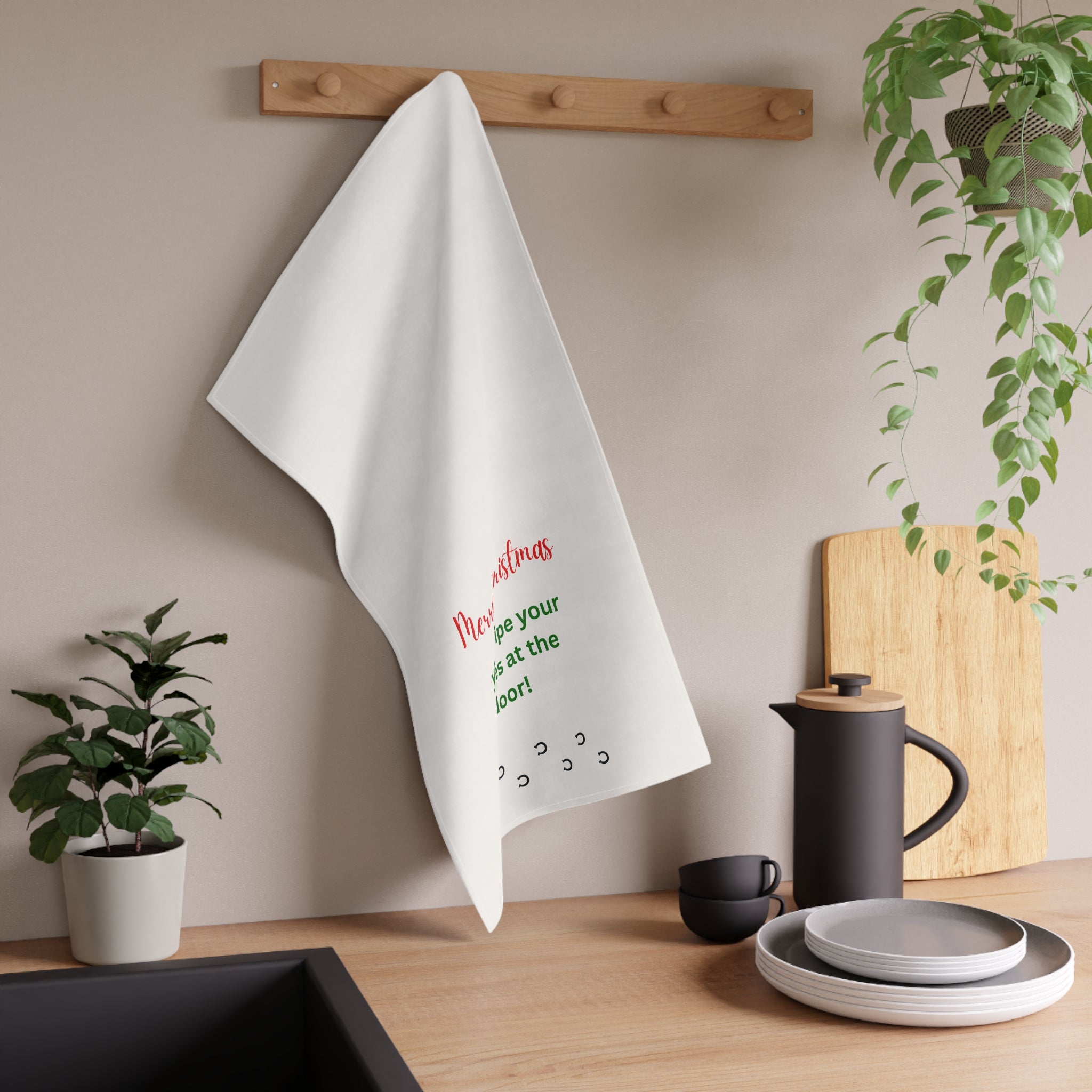 Christmas Tea Towel — "Merry Christmas y'all — wipe your hooves at the door!" Farmhouse kitchen decor, Christmas barn towel, horse lover gift, white elephant holiday party gift