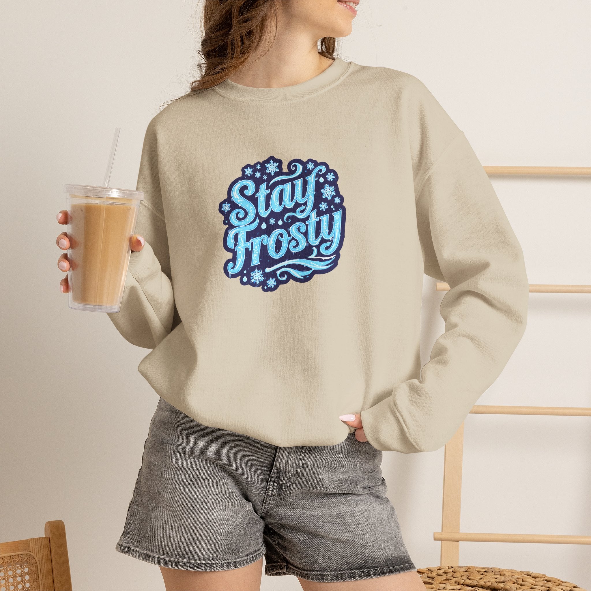 Stay Frosty Crewneck Sweatshirt — Retro Snowflake Graphic