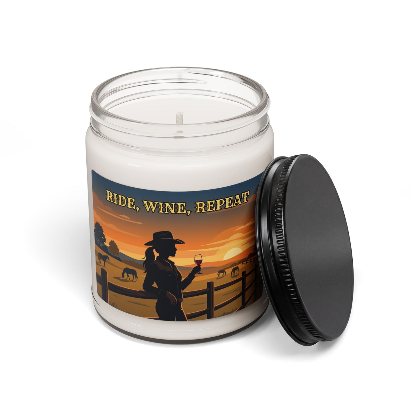 'Ride, Wine, Repeat' Sunset Cowboy Wine Glass Scented Soy Candle (9oz)