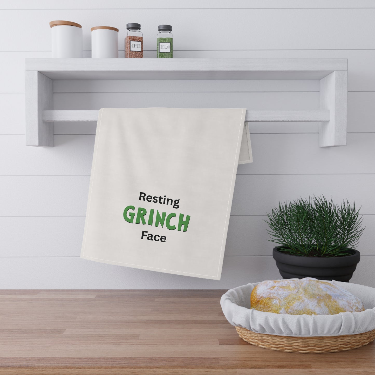 Tea Towel - "Resting Grinch Face" Holiday Kitchen Towel. Christmas humor, white elephant gift
