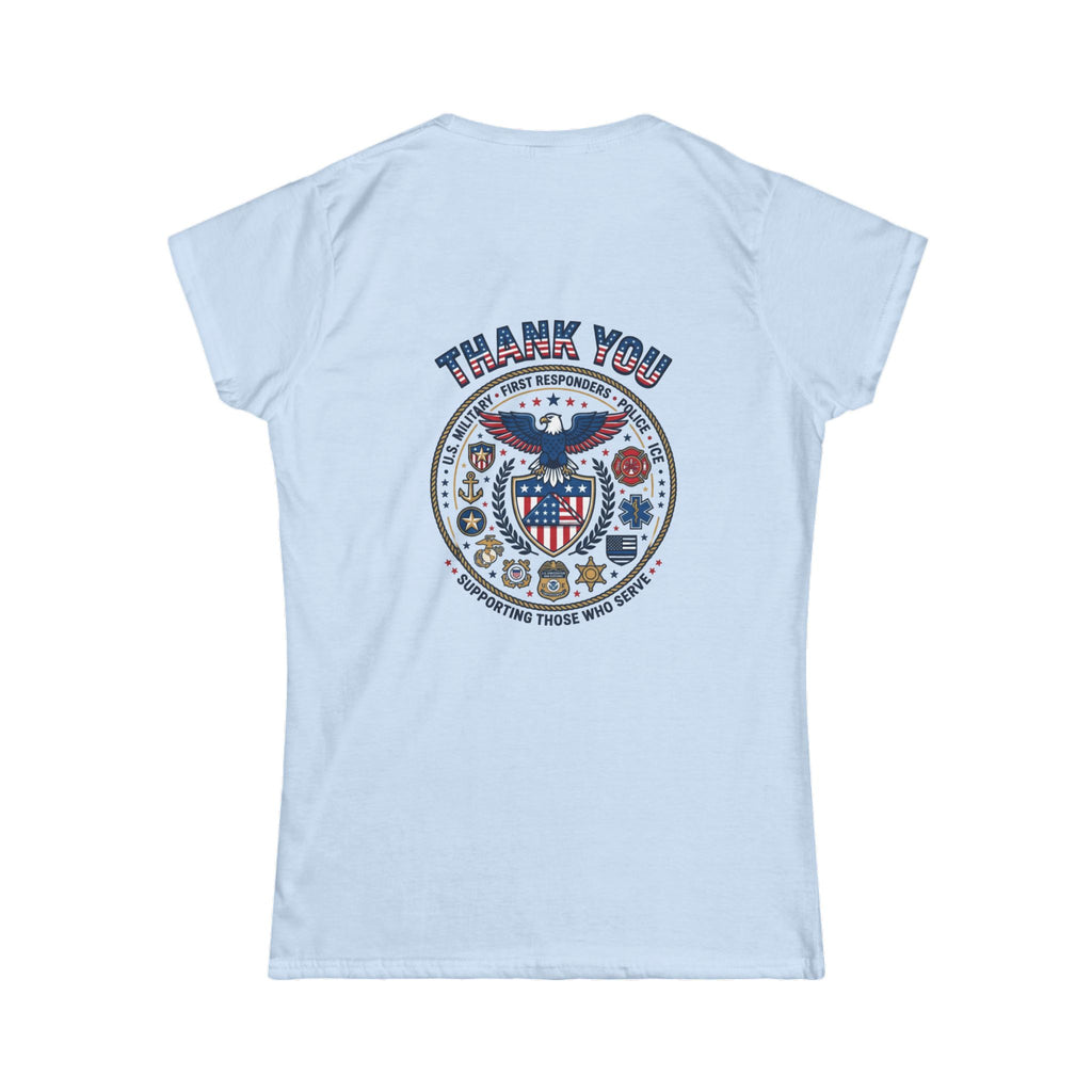 Women's T-Shirt - Classic White Softstyle Tee with small American Flag on front and Thank You badge on back