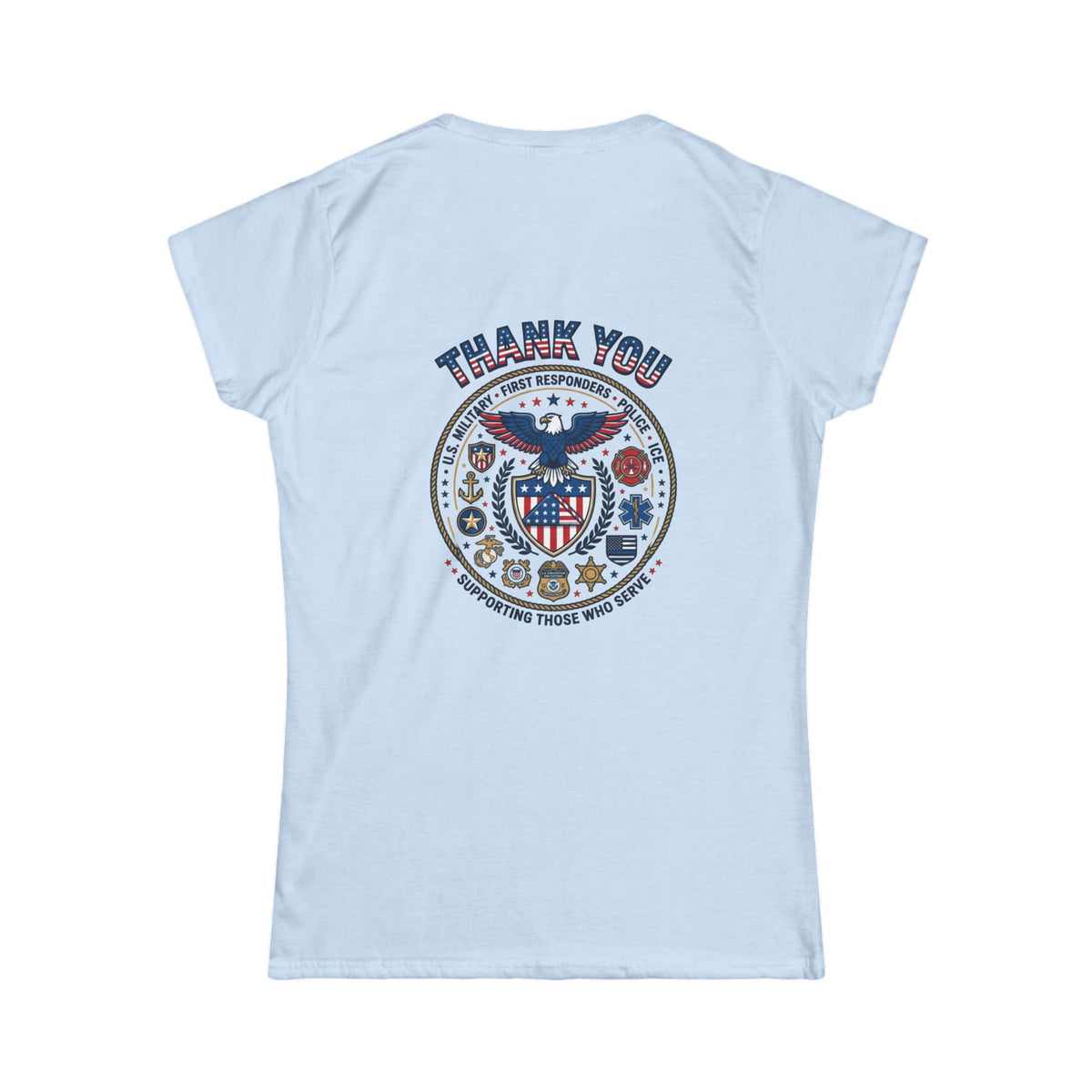 Women's T-Shirt - Classic White Softstyle Tee with small American Flag on front and Thank You badge on back