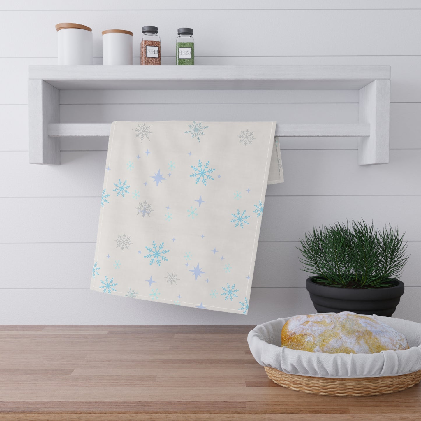 Snowflake Tea Towel — Subtle snowflake Winter Kitchen Towel. Blue, lavender and silver shades.  Christmas gift, decor
