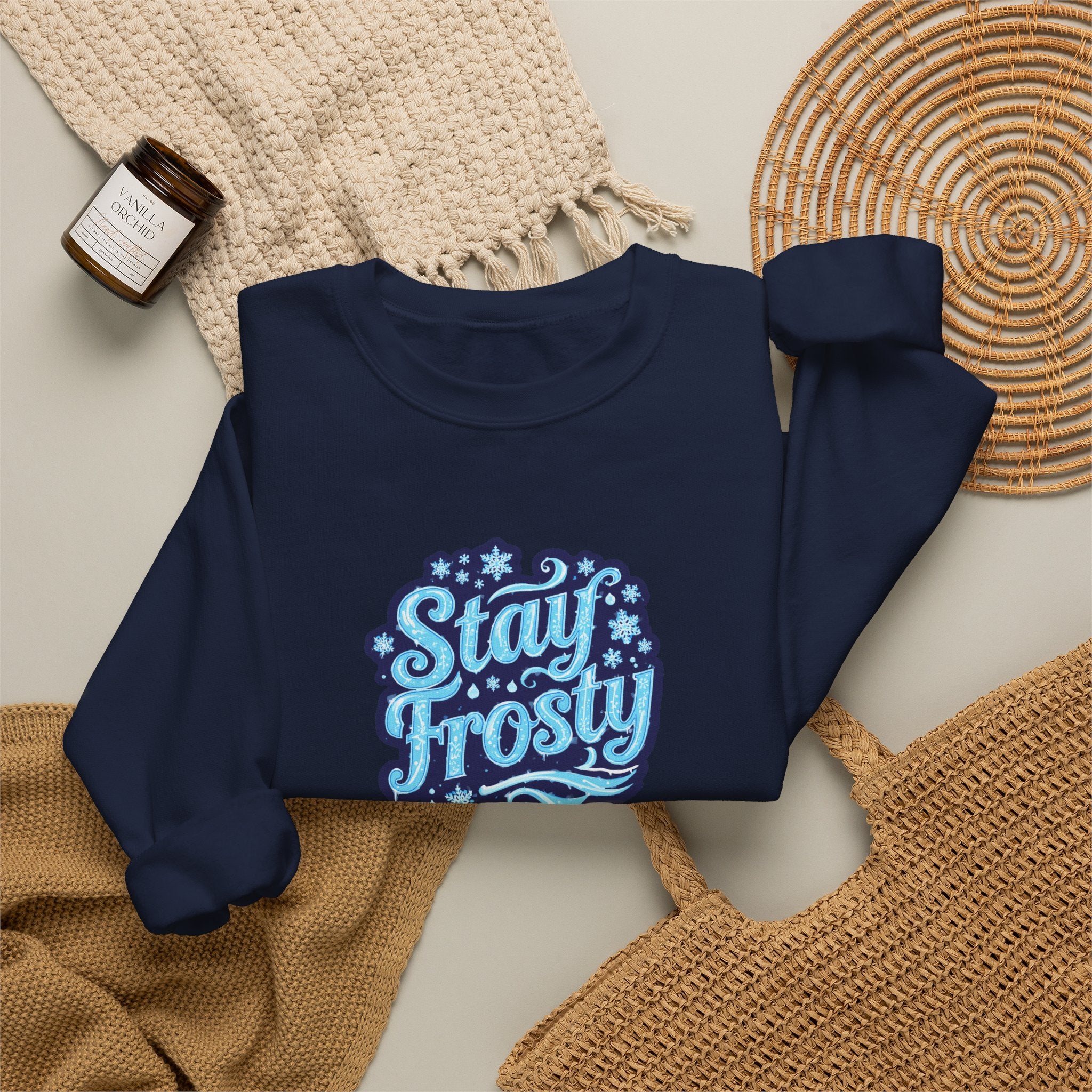 Stay Frosty Crewneck Sweatshirt — Retro Snowflake Graphic