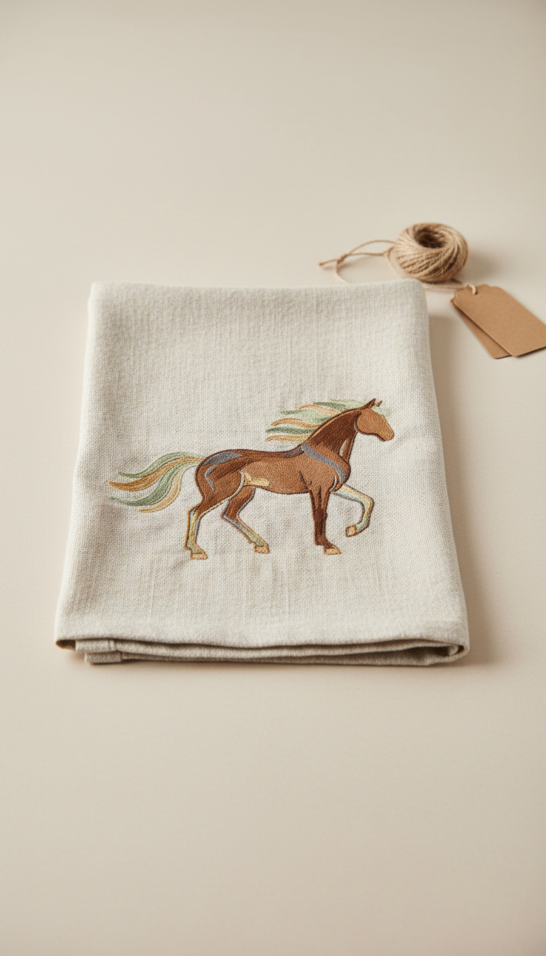 Embroidered Horse Linen Tea Towel