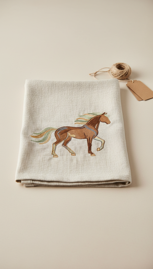 Embroidered Horse Linen Tea Towel